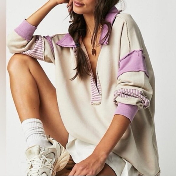 Free People Tops - Free People | L | purple and off white Clean Prep Polo